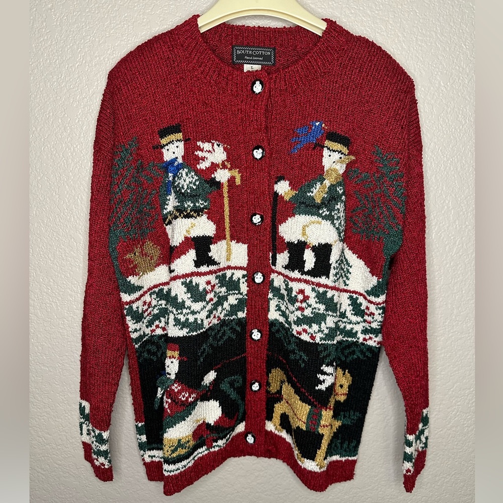 South Cotton Hand Loomed Christmas Holiday Snowman Red Cardigan Size Large